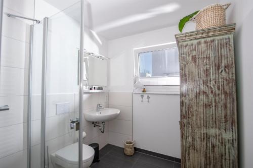 奥尔本尼兹Schwimmendes Haus Sanibel的带淋浴、卫生间和盥洗盆的浴室