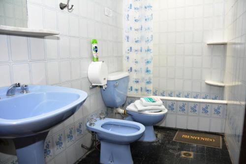 萨尔塔Hostal Bernardo Salta的浴室设有蓝色的卫生间和水槽。