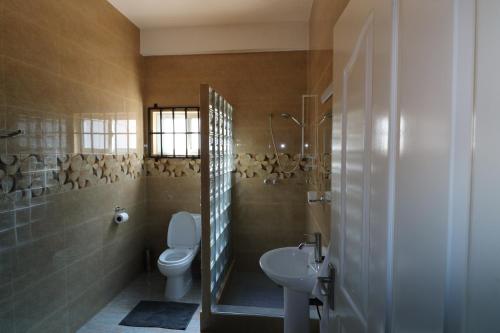 安塞罗亚莱Le Ronce Villa的浴室配有卫生间、盥洗盆和淋浴。