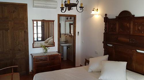 坎波德克里普塔纳Hotel Rural La Casa de los Tres Cielos的一间卧室配有一张床、梳妆台和镜子