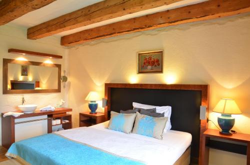 伏尔塔瓦河畔利普诺Welness penzion Modrý jelen的一间卧室配有一张带蓝白色枕头的大床