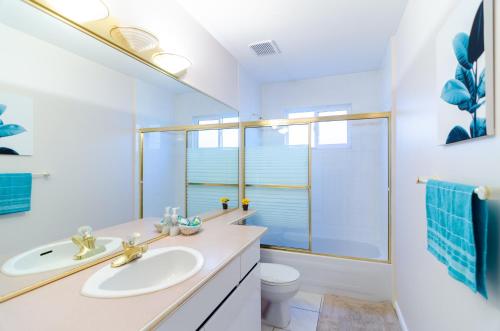 新威斯敏斯特Great Guest Suite in a Gorgeous House的一间带水槽、卫生间和镜子的浴室