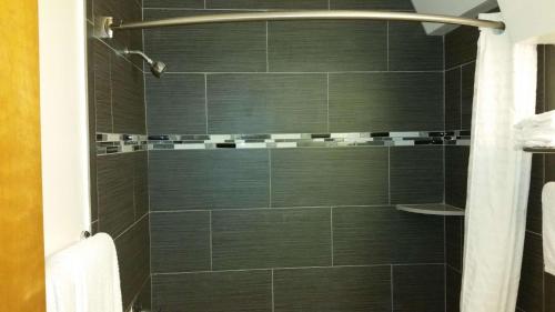 旧金山思域中心罗德威旅馆的浴室设有黑色瓷砖淋浴。