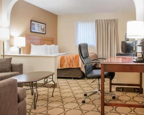 温尼伯温尼佩格南康福酒店的配有一张床和一张书桌的酒店客房