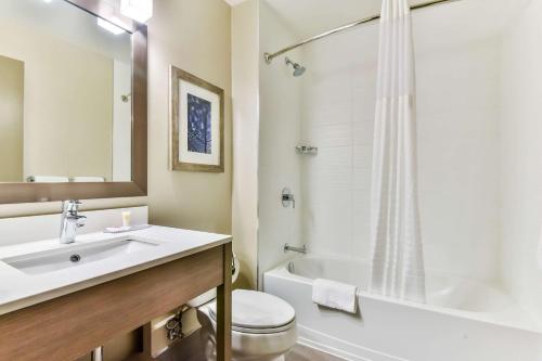 多伦多机场北舒适酒店的浴室配有盥洗盆、卫生间和浴缸。