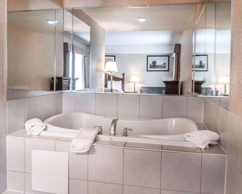 米西索加米西索加康福特茵酒店的一间带浴缸和大镜子的浴室