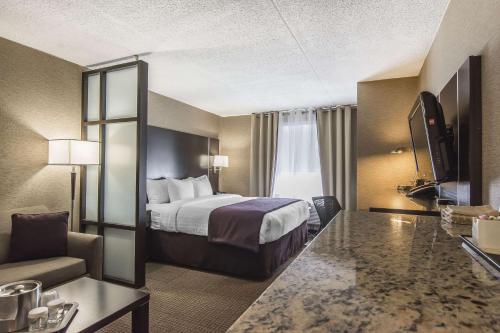 苏圣玛丽Quattro Hotel & Conf. Centre, Ascend Hotel Collection的酒店客房配有床、沙发和电视。