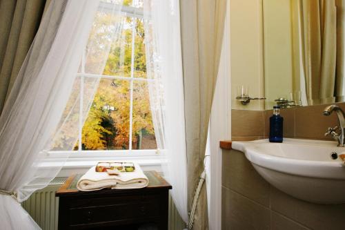 基尔肯尼Annamult Country House Estate的一间带水槽、窗户和毛巾的浴室