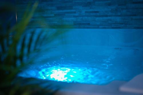 乐罗夫Nuit vip spa sauna privatif的夜晚的游泳池,拥有蓝色的灯光