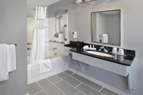纽黑文纽黑文乡村套房酒店的一间带水槽、浴缸和镜子的浴室