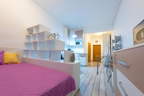 萨图马雷Garsoniere Central的一间卧室,在房间内配有一张紫色的床