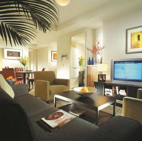 东京东京青山奥卓华庭酒店公寓的带沙发和电视的客厅