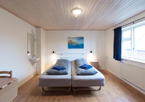托尔斯港62N Guesthouse - City Center的一间卧室配有一张带蓝色枕头的床。