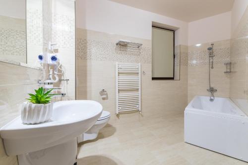 特尔古穆列什Pensiunea Select Central的浴室配有盥洗盆、卫生间和浴缸。