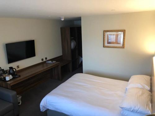 蒙默思Raglan Lodge的配有一张床和一台平面电视的酒店客房
