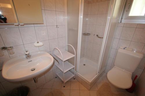 洛迦诺天堂度假公寓的一间带水槽、淋浴和卫生间的浴室