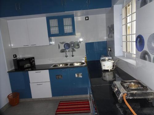 蒂鲁奇奇拉帕利Haritham的厨房配有蓝白色橱柜和水槽