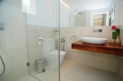 圣何塞德萨塔莱阿Sa plana de Baix的一间带水槽、卫生间和淋浴的浴室