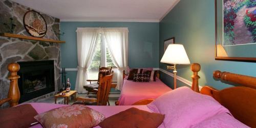 Nottawa美丽河谷江山旅馆的一间卧室设有一张床,客厅设有壁炉。