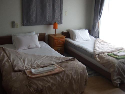 京都tomy&tetu的一间卧室设有两张床、一盏灯和一扇窗户。
