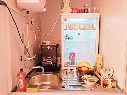 萨拉热窝Sarajevo Rooms的厨房柜台设有水槽和冰箱