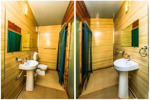 安君纳Zulu Land cottages - near Curlies beach shack and shiva valley - Anjuna beach的浴室的两张照片,配有两个盥洗盆和厕所