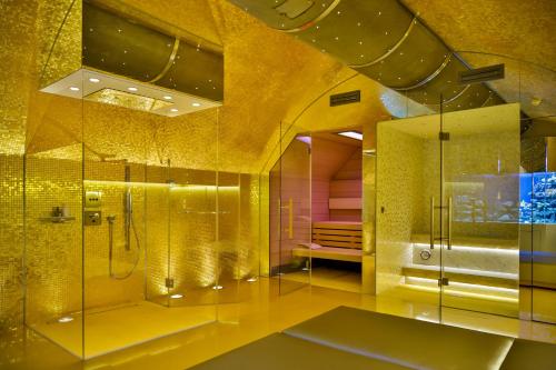 维也纳达斯蒂罗尔精品酒店的带淋浴和玻璃淋浴间的浴室