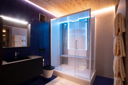拉纳纽普兰特尔公寓酒店的一间带玻璃淋浴和水槽的浴室