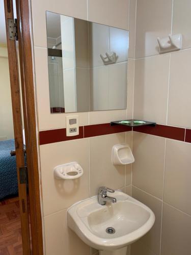 拉巴斯阿兰达维斯塔住宿加早餐旅馆的一间带水槽和镜子的浴室