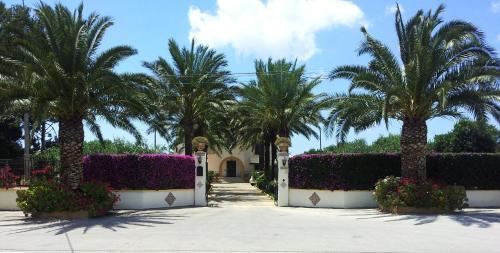 马里内拉Villa Sogno Charme E Relax的车道上种有棕榈树和鲜花的别墅