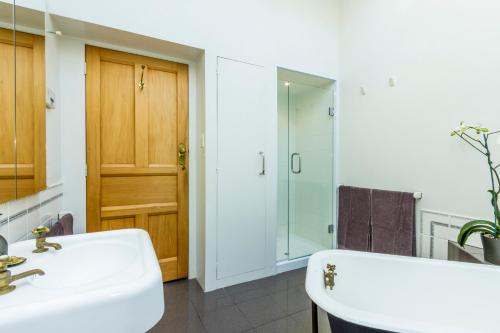 奥克兰Devonport Harbour View的白色的浴室设有水槽和淋浴。