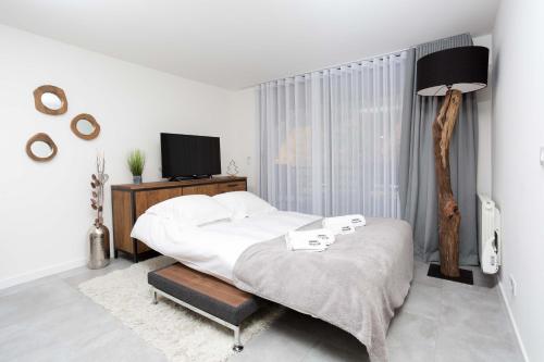夏蒙尼-勃朗峰La Cordee 412 Apartment - Chamonix All Year的一间白色卧室,配有床和电视