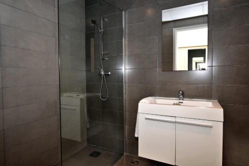 圣朱利安斯City Living Suite TK 1 Rm 3的带淋浴、盥洗盆和镜子的浴室
