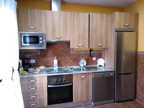 Arroyo de la LuzCasa Rural La Santiaga的厨房配有木制橱柜和不锈钢冰箱。