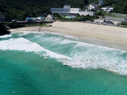 下田伊豆急酒店的享有海滩和海洋的空中景致