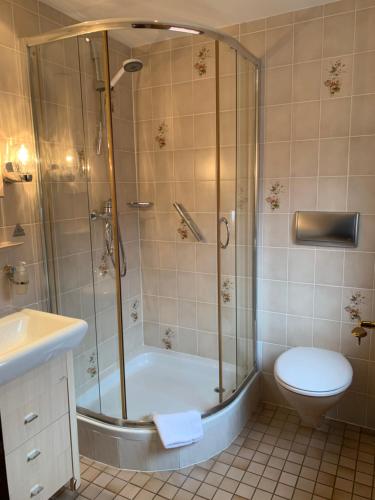 巴特迪克海姆贝特尔豪斯酒店的带淋浴、卫生间和盥洗盆的浴室