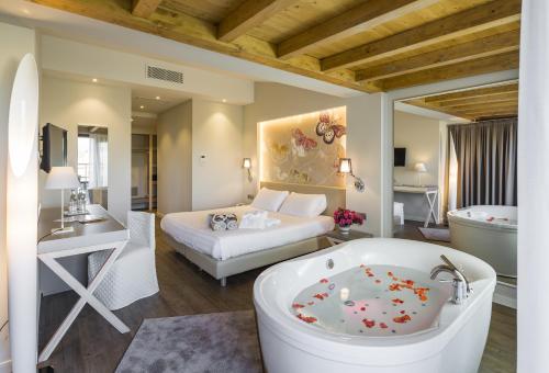 罗塔迪马尼亚米瑞蒙蒂度假村及Spa酒店的带浴缸的浴室和1间带1张床的卧室