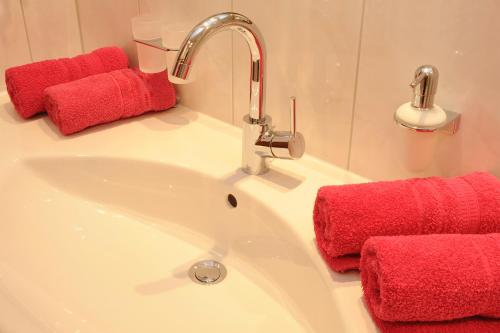 帕尔特嫩Appartment Valnova / Barga的一间带红色毛巾和水槽的浴室