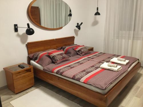 布达佩斯英雄之家公寓的卧室配有一张壁挂镜子的床