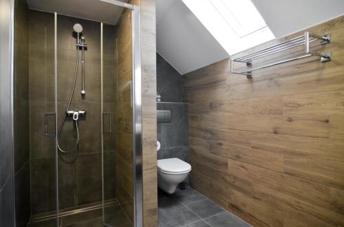瓦尔季采Apartmány Málek的一间带卫生间和玻璃淋浴间的浴室