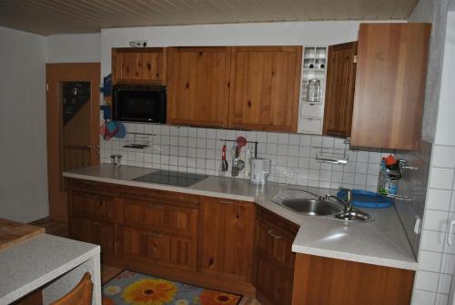 布伦茨河畔金根Ferienwohnung Giessl的一个带木制橱柜和水槽的厨房