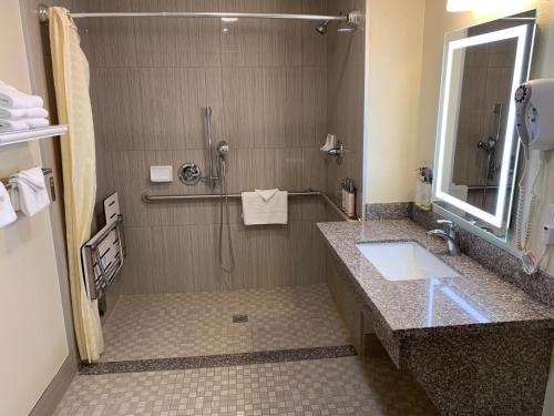 蒙特雷埃尔卡斯特尔汽车旅馆的带淋浴、水槽和镜子的浴室