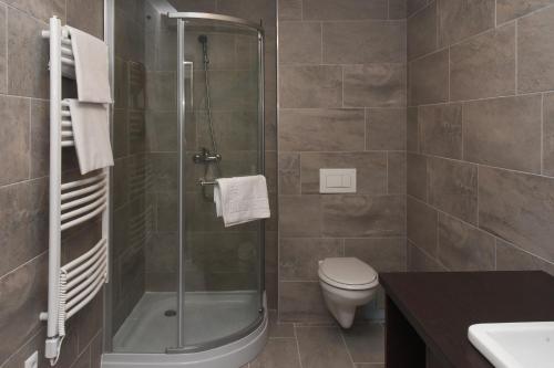 锡盖特圣米克洛什Oázis Wellness Panzio的带淋浴、卫生间和盥洗盆的浴室
