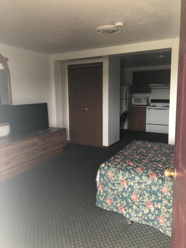 MarshfieldNeva Jean Motel的配有一张床和一台平面电视的酒店客房