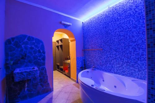 卡特兹奥布萨维普利亚当索维公寓的紫色客房内带浴缸的浴室