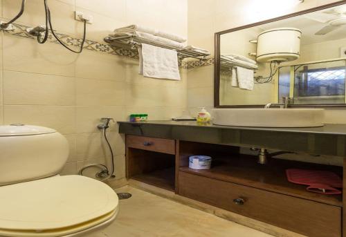 新德里Eleven Bed & Breakfast的一间带卫生间、水槽和镜子的浴室