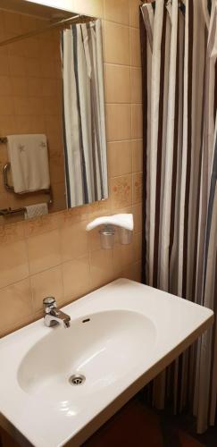 BräckeJämtkrogen Hotell的浴室水槽设有镜子和浴帘