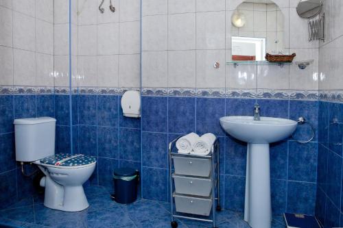 索非亚 斯科蒂精品酒店的蓝色瓷砖浴室设有卫生间和水槽