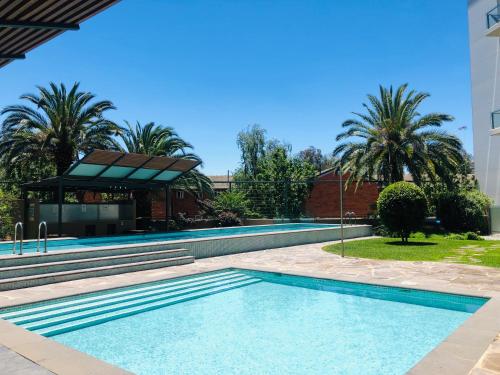 堪培拉Staying Places - The Avenue的一座棕榈树游泳池和一座建筑