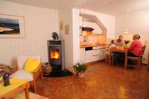 克吕茨Palm's kinderfreundliches Ferienhaus的一群人在带壁炉的客厅
